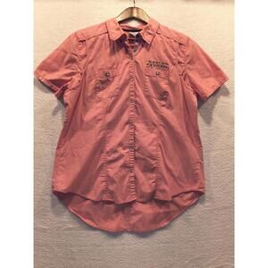HARLEY-DAVIDSON Womens Pearl Snap Salmon Embroidered S/S Shirt XL Pockets